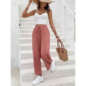 Frenchy Women's Dusty Pink Cotton Long Pants,Old Money Style Wide Leg Pant